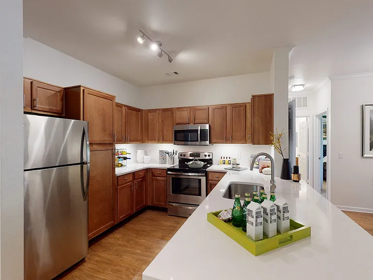 Apartment kitchen with stainless steel appliances, quartz countertops and wood-style flooring.