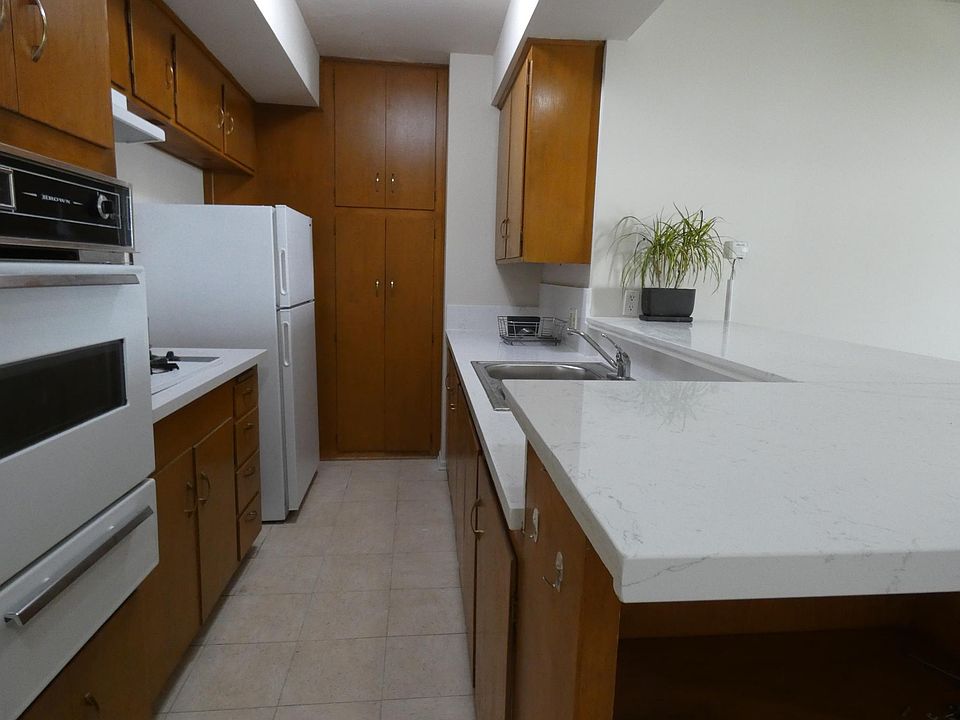 New counter tops and sink. Notice a refrigerator is included.