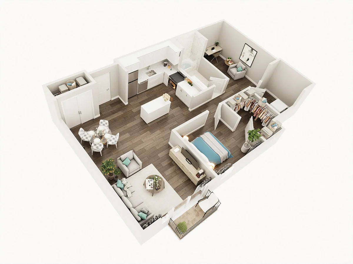 Floor plan One Bed One Bath Den 1N