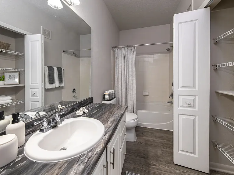 Enjoy sleek design and everyday functionality with a spacious vanity, modern countertop, and dual linen closets in your primary bath.