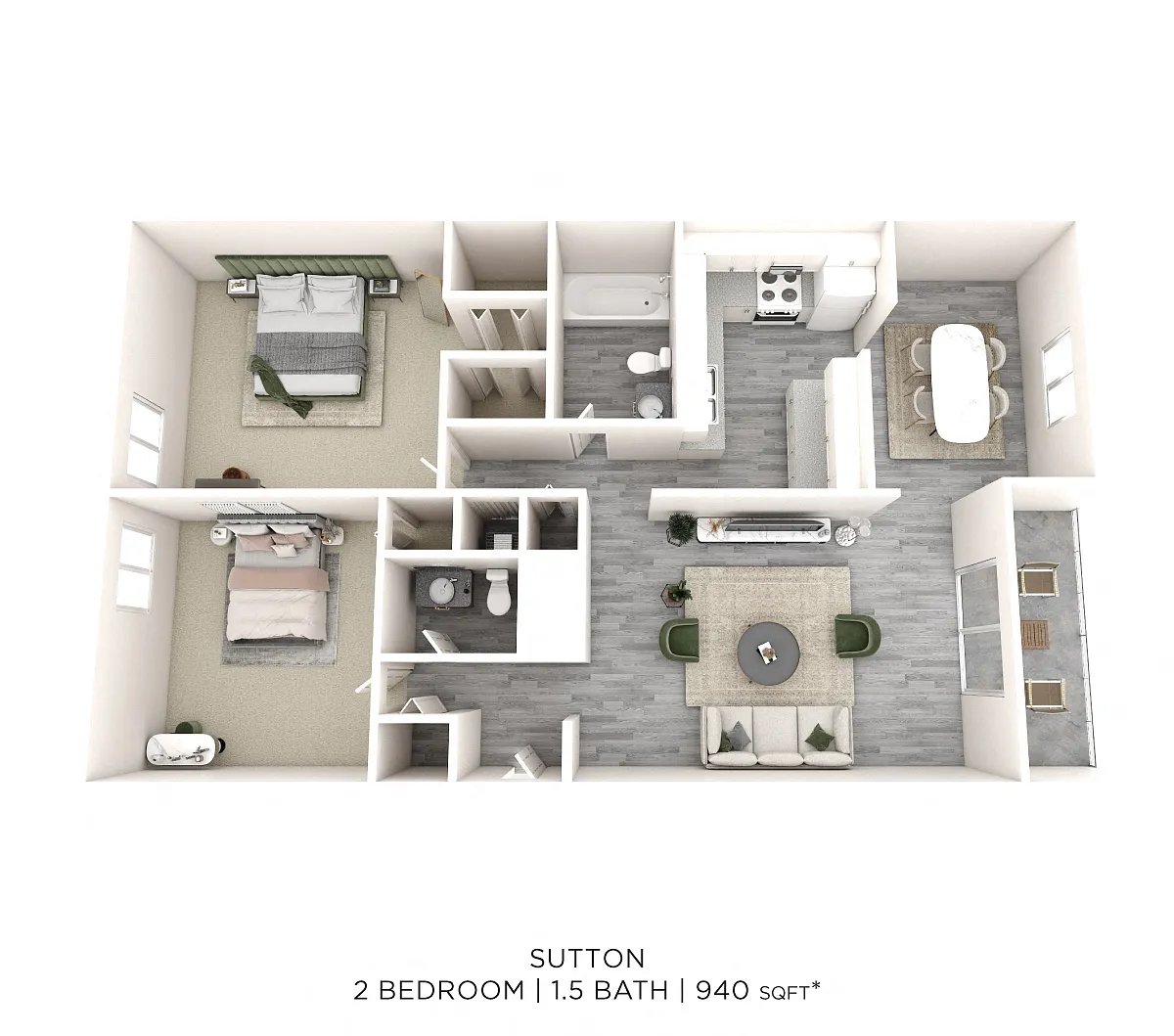 Floor plan Two Bedroom 1.5 Bath - 940 sqft