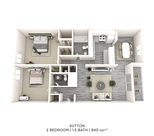 Floor plan Two Bedroom 1.5 Bath - 940 sqft