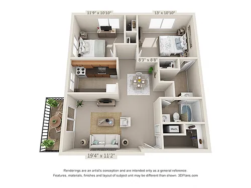 Floor plan 2 Bedroom, 1 1/2 Bath 899 (Patio)