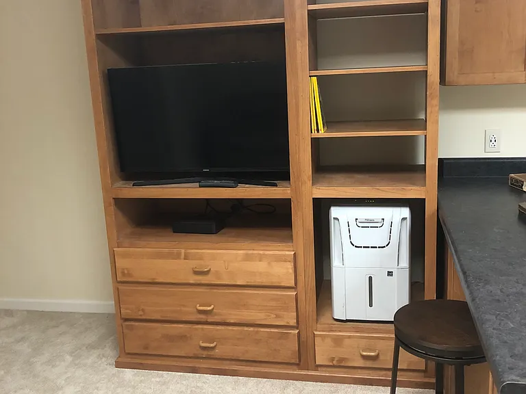 tv bookcase with tv and dehumidifier