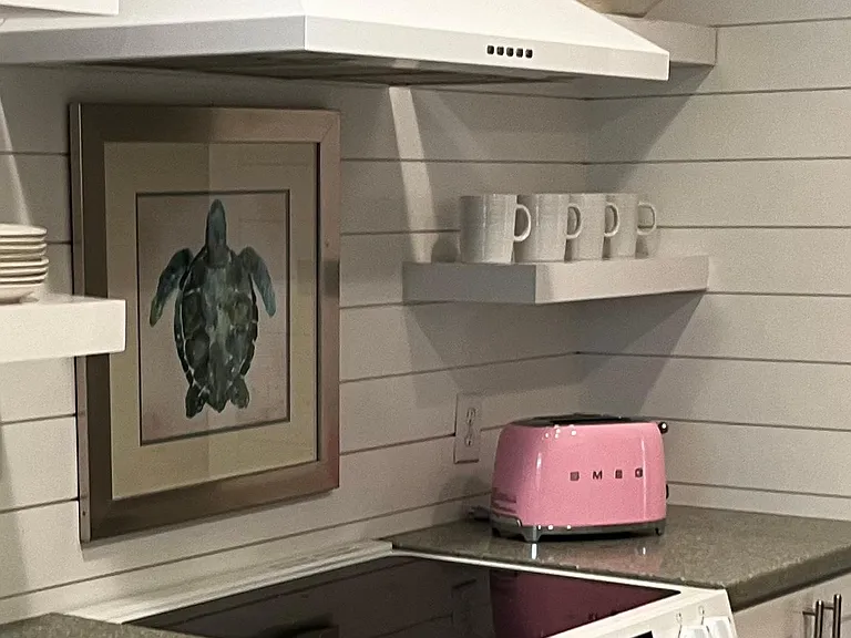 Shiplap walls in fully equipped kitchen
