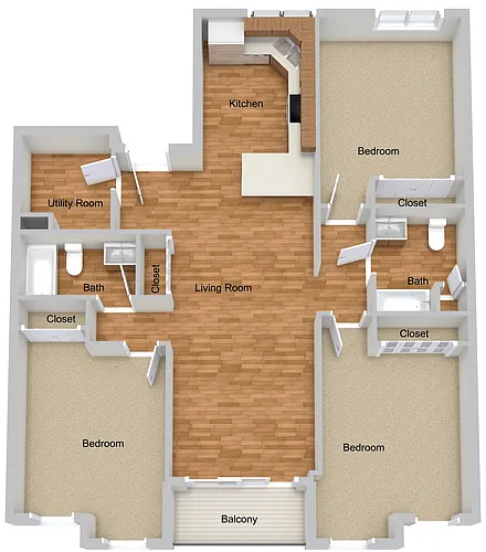 Floor plan 3 Bedroom 2 Bath with Balcony