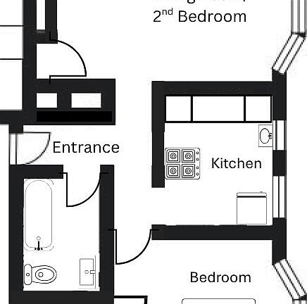 Floorplan for Apartment 106. The living room for the 2nd bedroom can easily become another bedroom