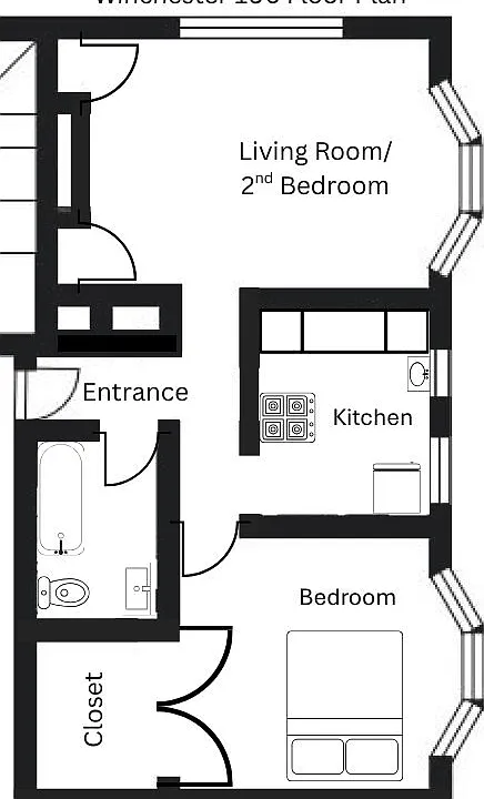 Floorplan for Apartment 106. The living room for the 2nd bedroom can easily become another bedroom
