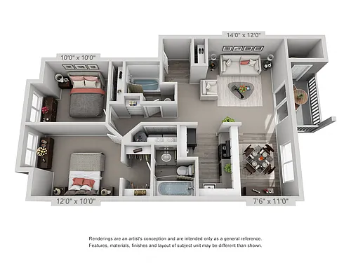 Floor plan 2 Bedroom 2 Bath with Garage