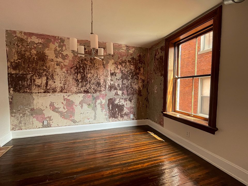 Plaster revealing paints from years past. Includes signatures of original wallpaper hangers and plaster hangers, all in neutral colors. New lighting throughout.