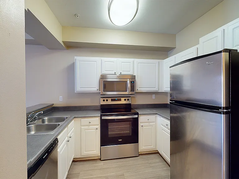 Apartment kitchen with wood-style flooring and stainless steel appliances in select homes.
