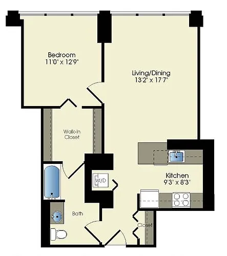 Floor plan 1 bedroom / 1 bath (T02)