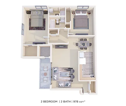 Floor plan Two Bedroom 2 Bath - 978 sqft