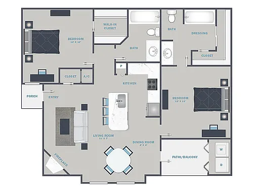 Floor plan 2 Bed, 2 Bath A (60% Income Restricted)