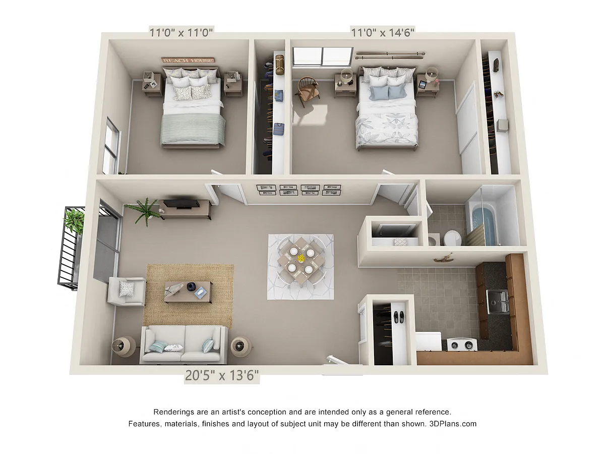 Floor plan 2 Bedroom, 1 Bath (Balcony)