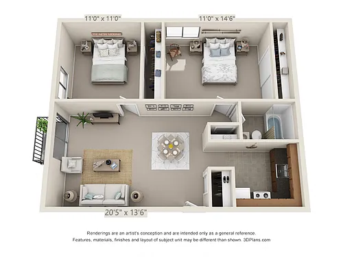 Floor plan 2 Bedroom, 1 Bath (Balcony)
