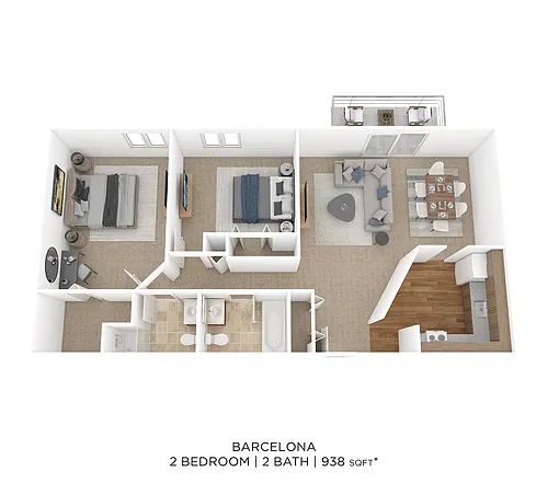 Floor plan Two Bedroom 2 Bath-938 sqft