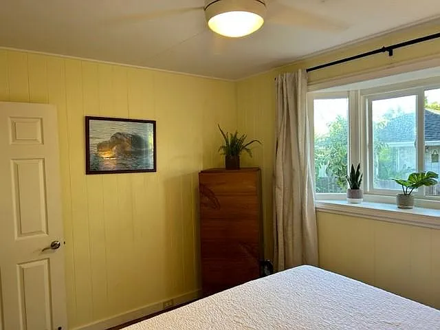 Third Bedroom with Bay Window and Teak Tall Boy dresser