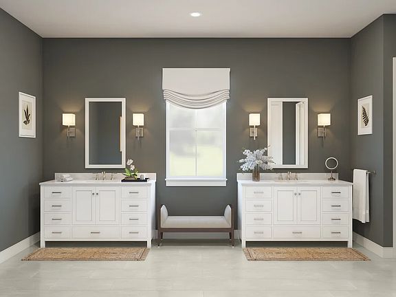 Primary bath with dual freestanding vanities