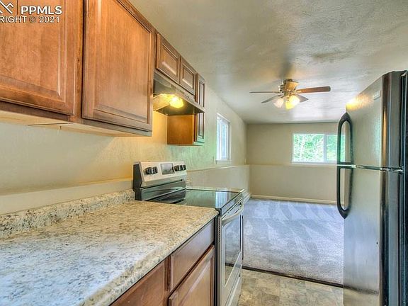 Kitchen looking into the living room - renovated with newer appliances and carpet