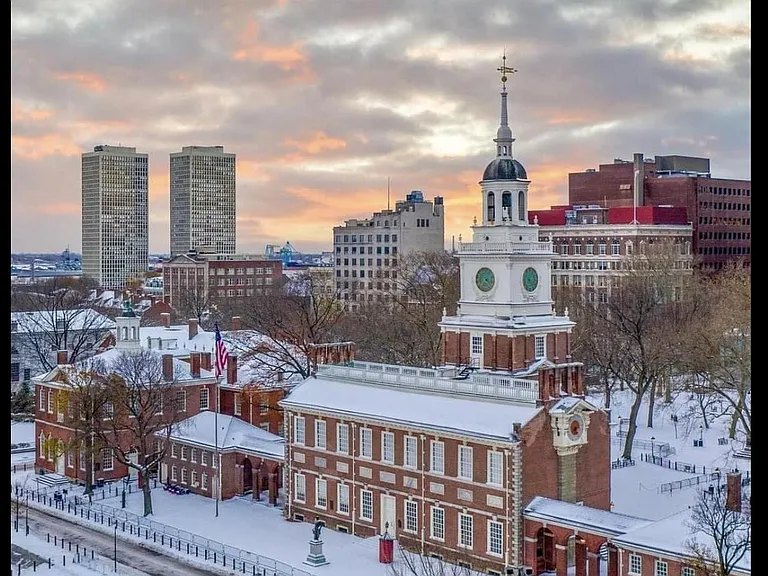 Independence Hall, four blocks away