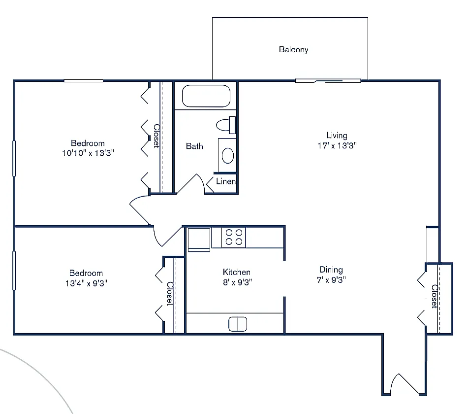 Floor plan 2 Bedroom, 1 Bath (888 sqft.)