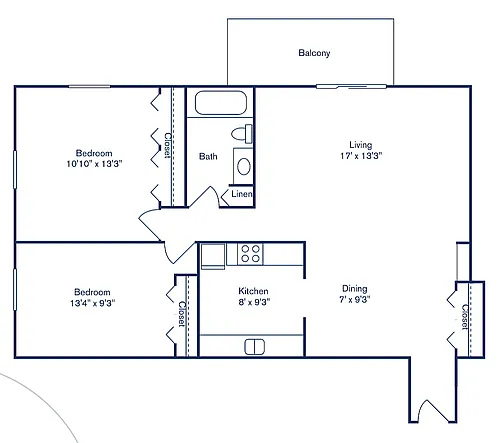 Floor plan 2 Bedroom, 1 Bath (888 sqft.)