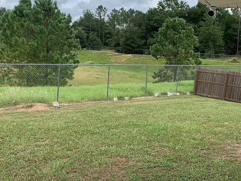 Large fenced yard overlooking green space.