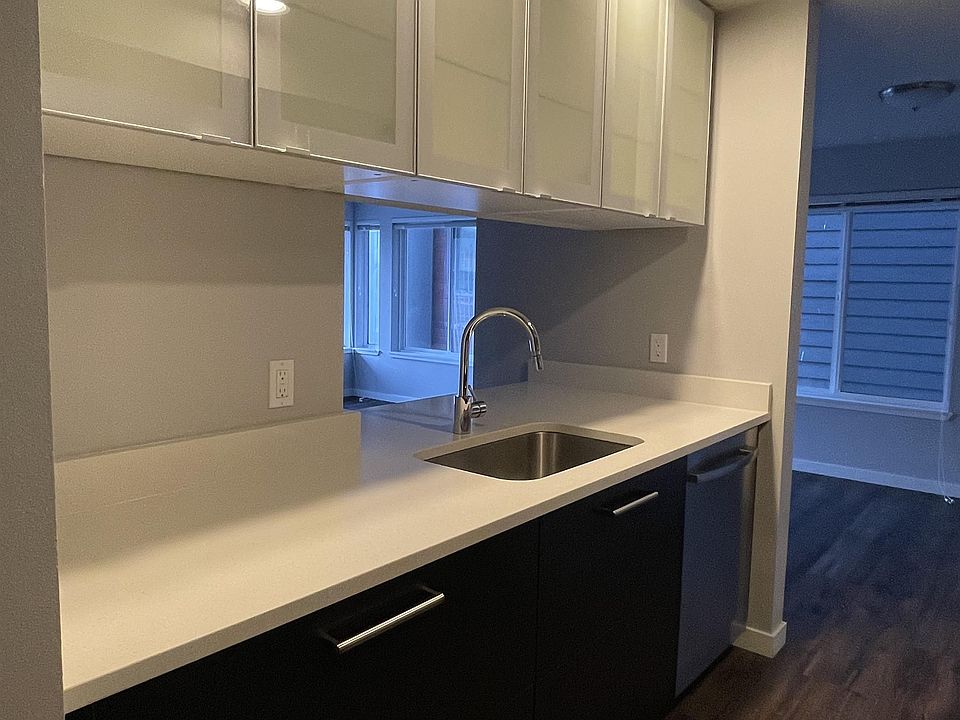 Kitchen: Single sink w/ garbage disposal, quartz counters, frosted glass cabinets