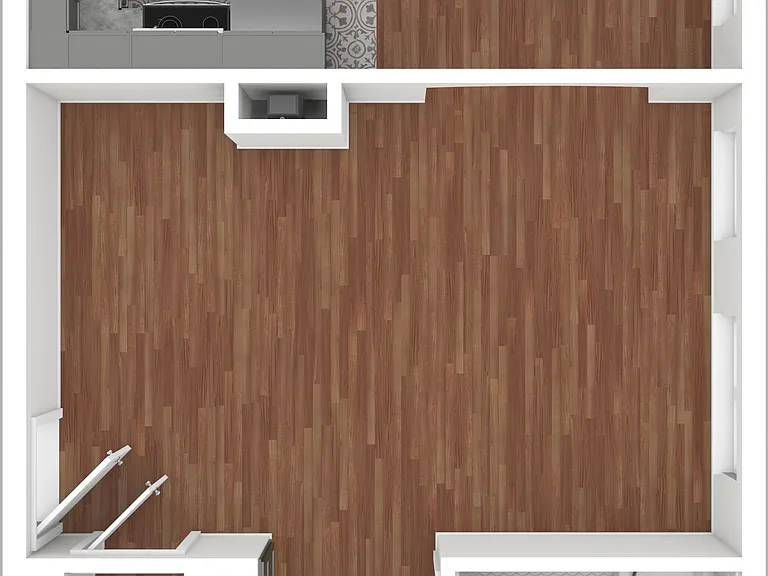 3D, Unfurnished Rendering of Studio Floorplan 3D, Unfurnished Rendering of Studio Floorplan