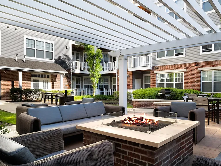 Courtyard with lounge seating and fire pit