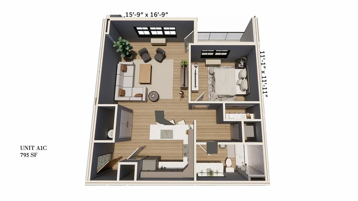 Floor plan 1-Bedroom 1-Bathroom | 795 sqft