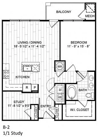 Floor plan 1 Bed, 1 Bath w Study -B2