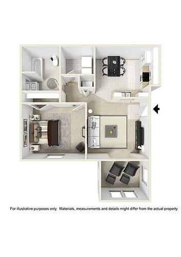 Floor plan Serenity | 1x1 + Sun | 771 sf