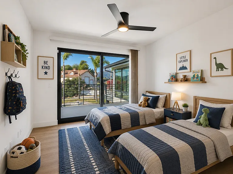 This bedroom can be used as a kids room, office or work out room, offers balcony and closet. The closet doors are a chalkboard and dry erase board. This room also has a large balcony which overlooks the pool and bocce/horseshoe area.