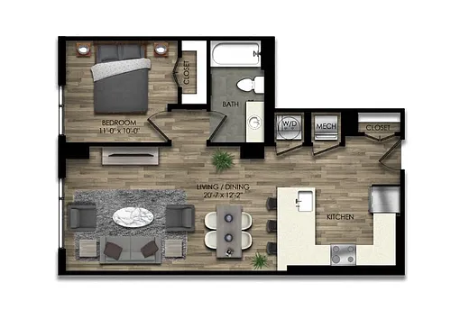Floor plan 1 Bed/1 Bath-20W