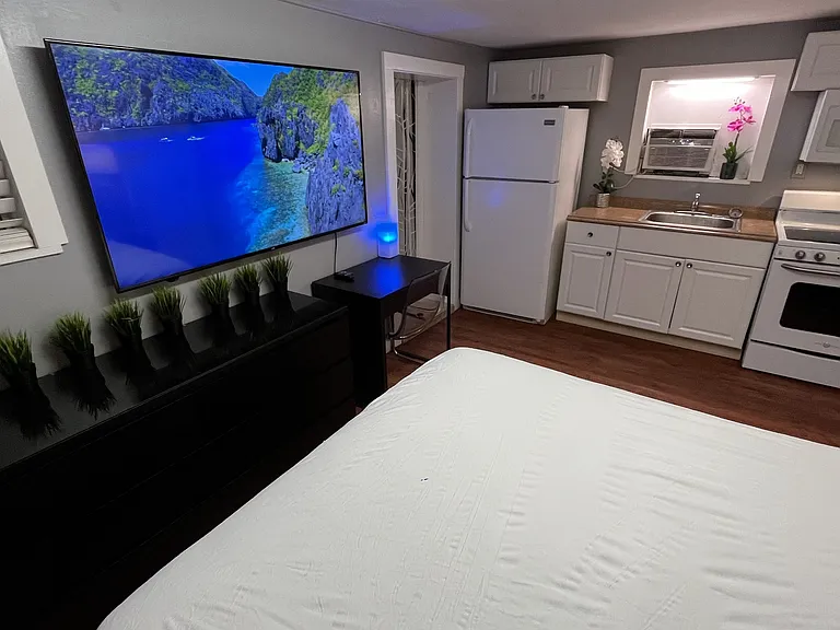 Queen bed, dual night stands with lamps, dresser, desk and chair, 65in Smart TV, full kitchen, bath.
