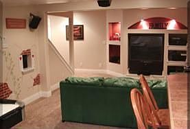 Home theater with game area and snack bar