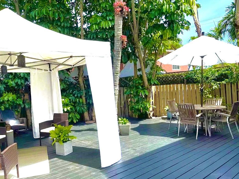 Private Outdoor Living Space | FURNISHED | 10x10 sq ft canopy | Wicker Conversation Seating, 2 Resin Lounge-Style Chairs, Teak Dining Set, Umbrella. All items remain, included within Lease.