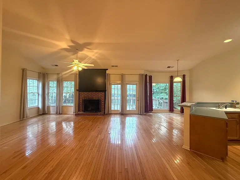 View into Living Room with Fireplace