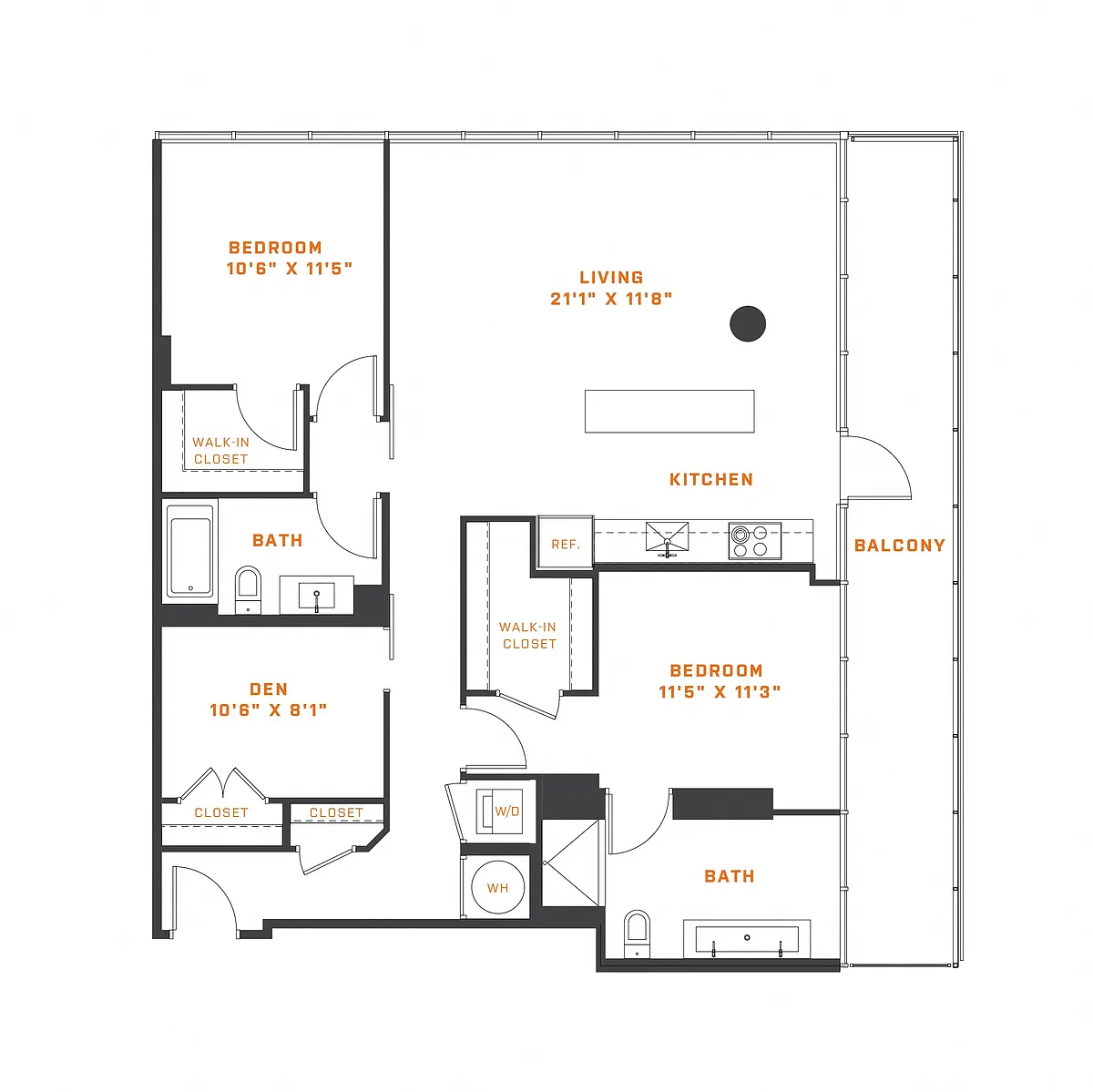 Floor plan 2 Bedroom Den- 2 Bath | BD1