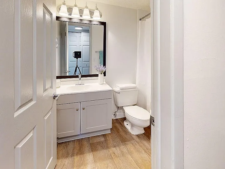 Inviting bathroom with modern vanity, elegant lighting, and chic wooden flooring.