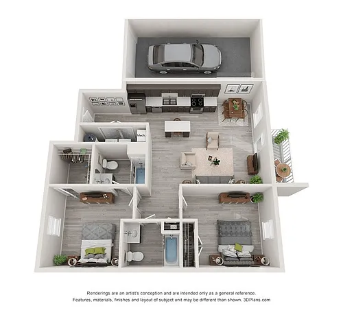 Floor plan 2 Bedroom, 2BA with Attached Gargage