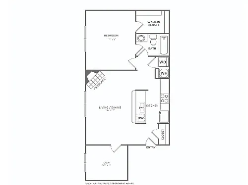 Floor plan One Bedroom One Bath with Den (734 SF)