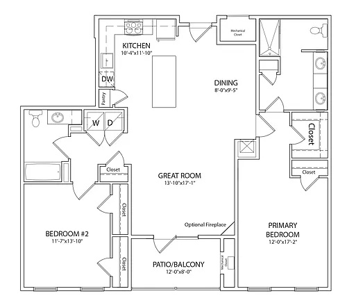 Floor plan 2 Bedroom 2 Bath B Style