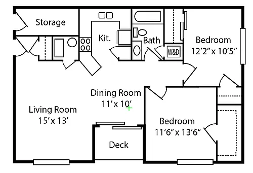 Floor plan 2 Bedroom, 1 Bath Style D