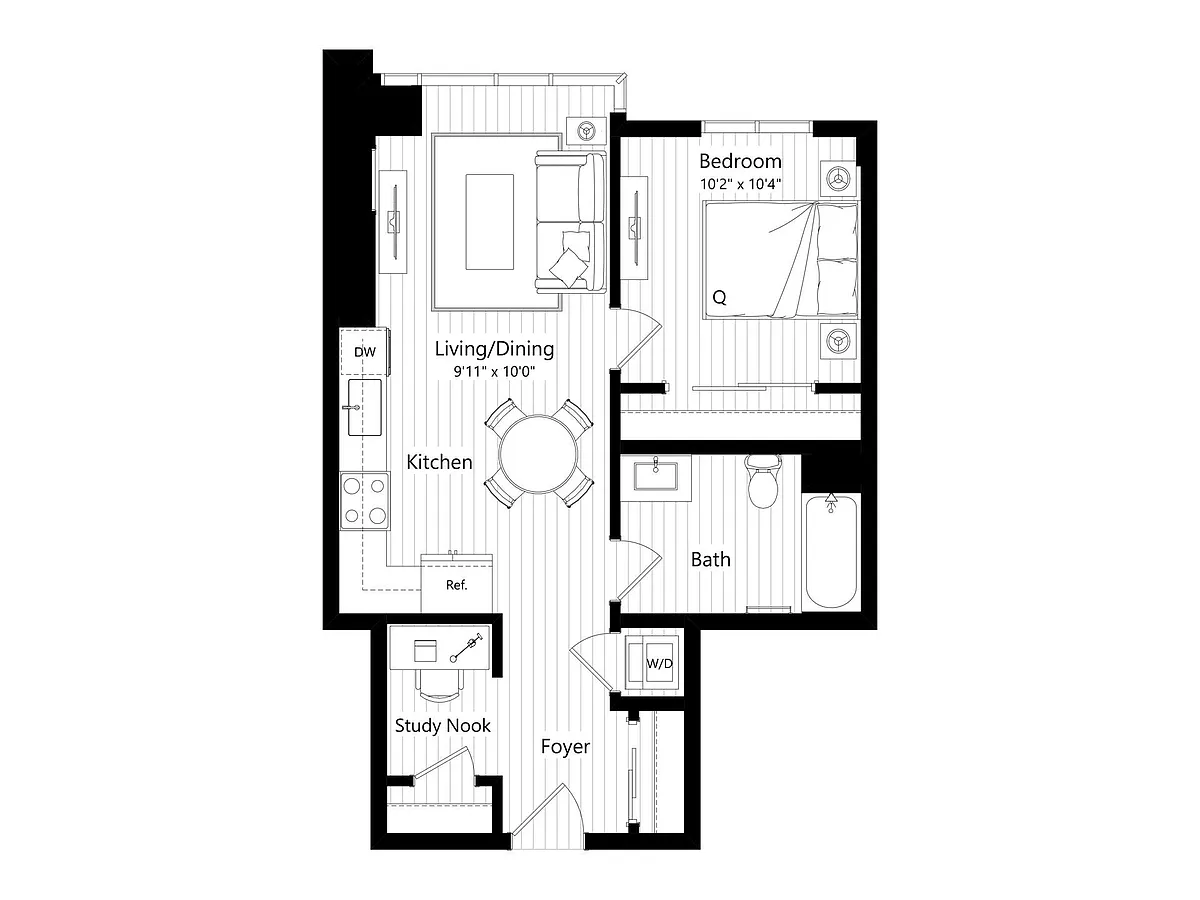 Floor plan MA23D | 1 Bed | 1 Bath | Den