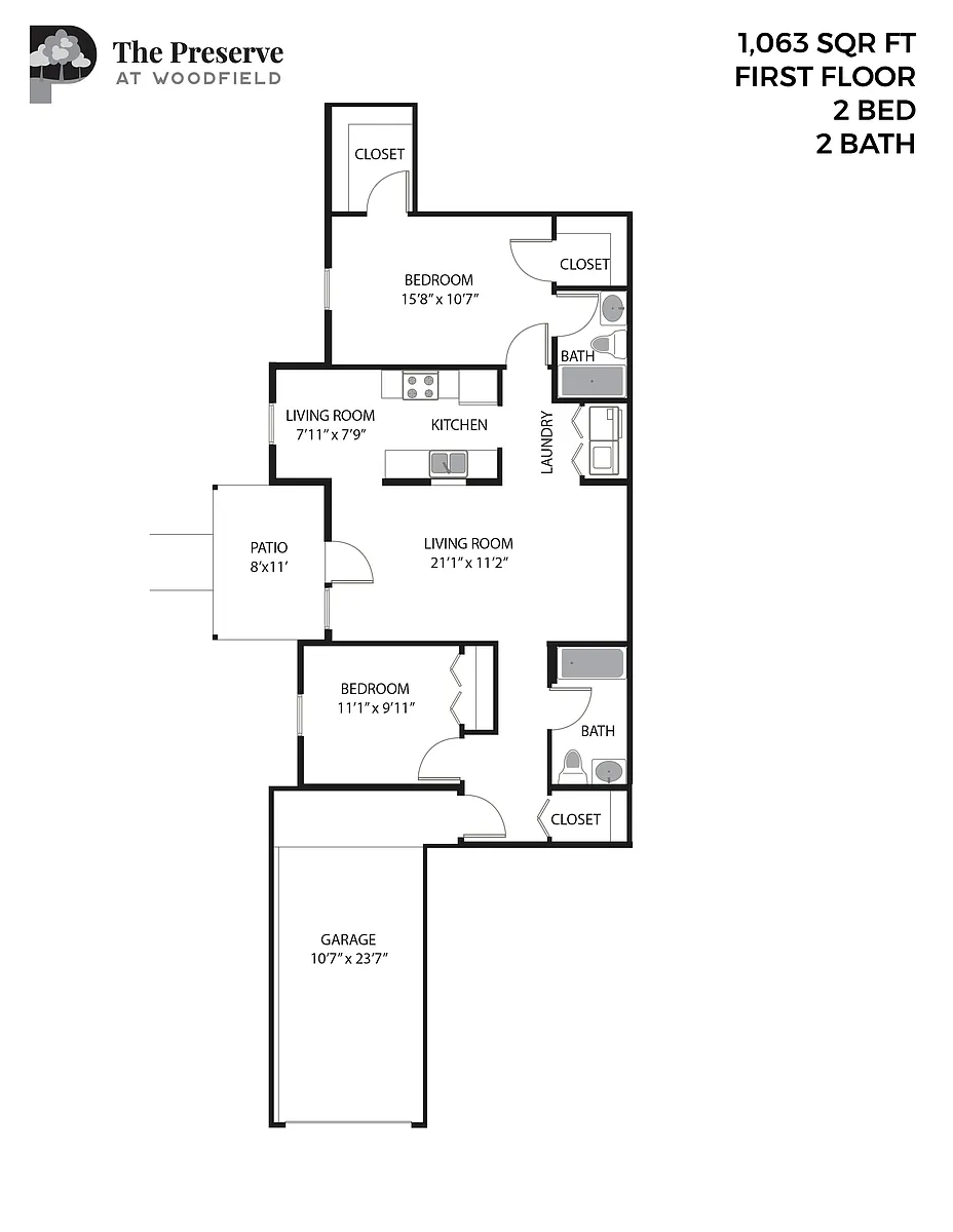 Floor plan 2 Bedroom 2 Bath (1063 Sq. Ft.)