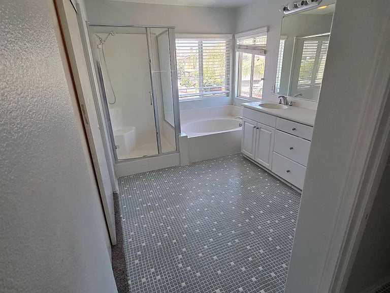 Spacious primary bathroom featuring a soaking tub, separate walk-in shower, and plenty of natural light.