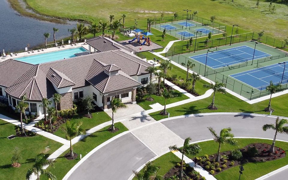 Aerial view of Portico s Clubhouse, Swimming Pool, and Tennis court